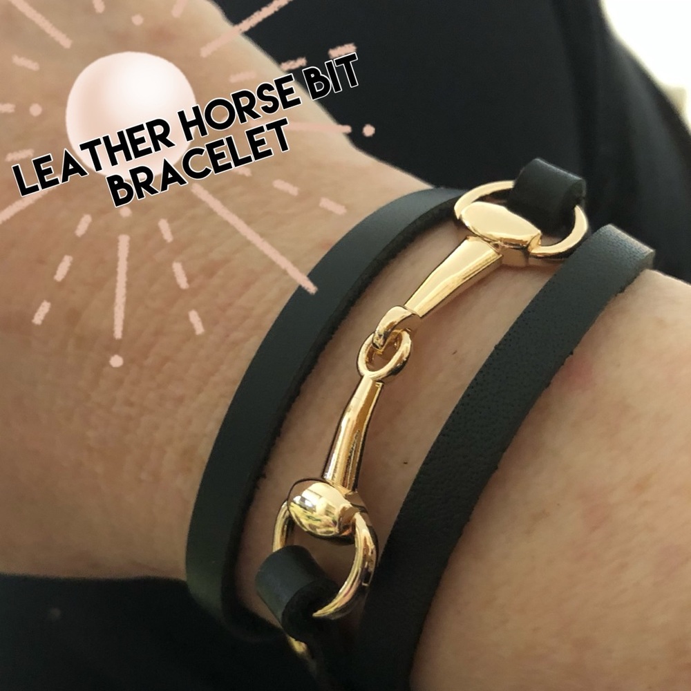🌸Leather Horse Bit Bracelet Black or Brown, in Gold Tone - Picture 2 of 7